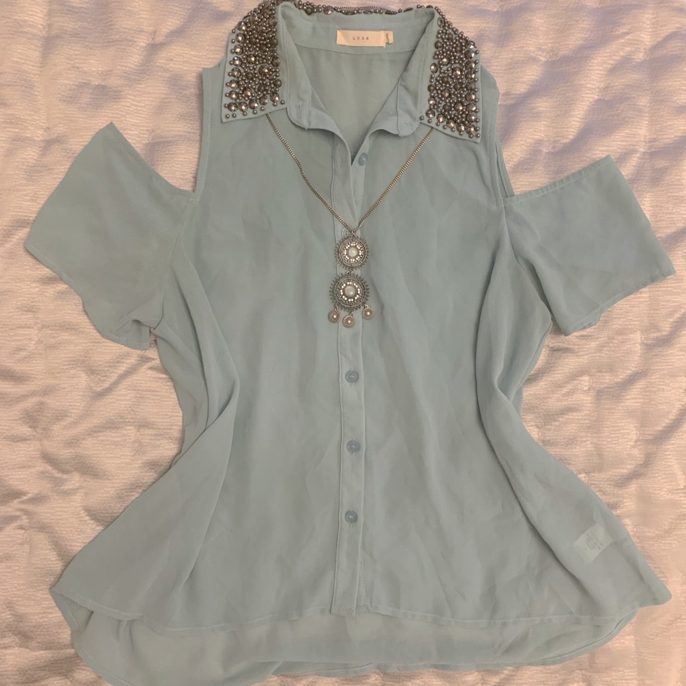 Sheer Cold Shoulder Blouse with Beaded Collar